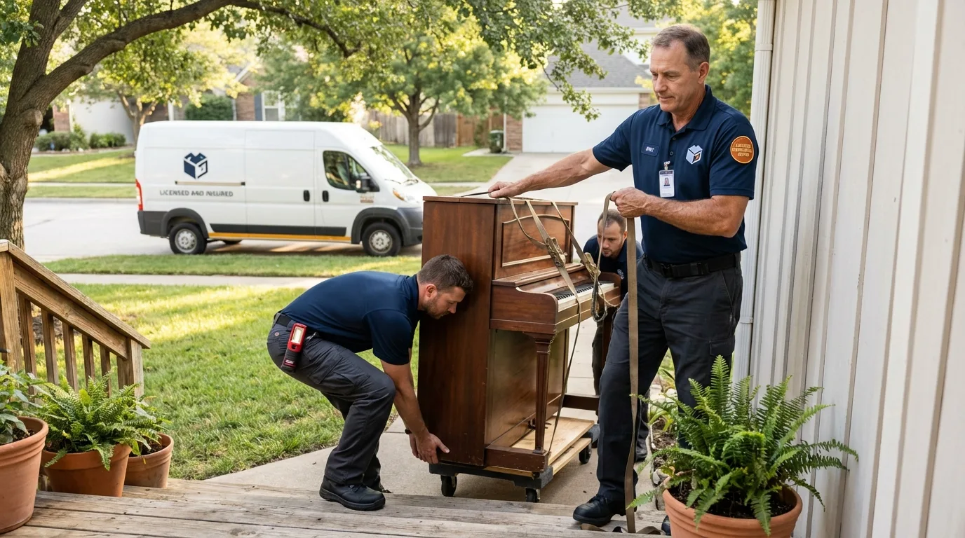 Licensed piano movers securing grand piano in Seffner, FL