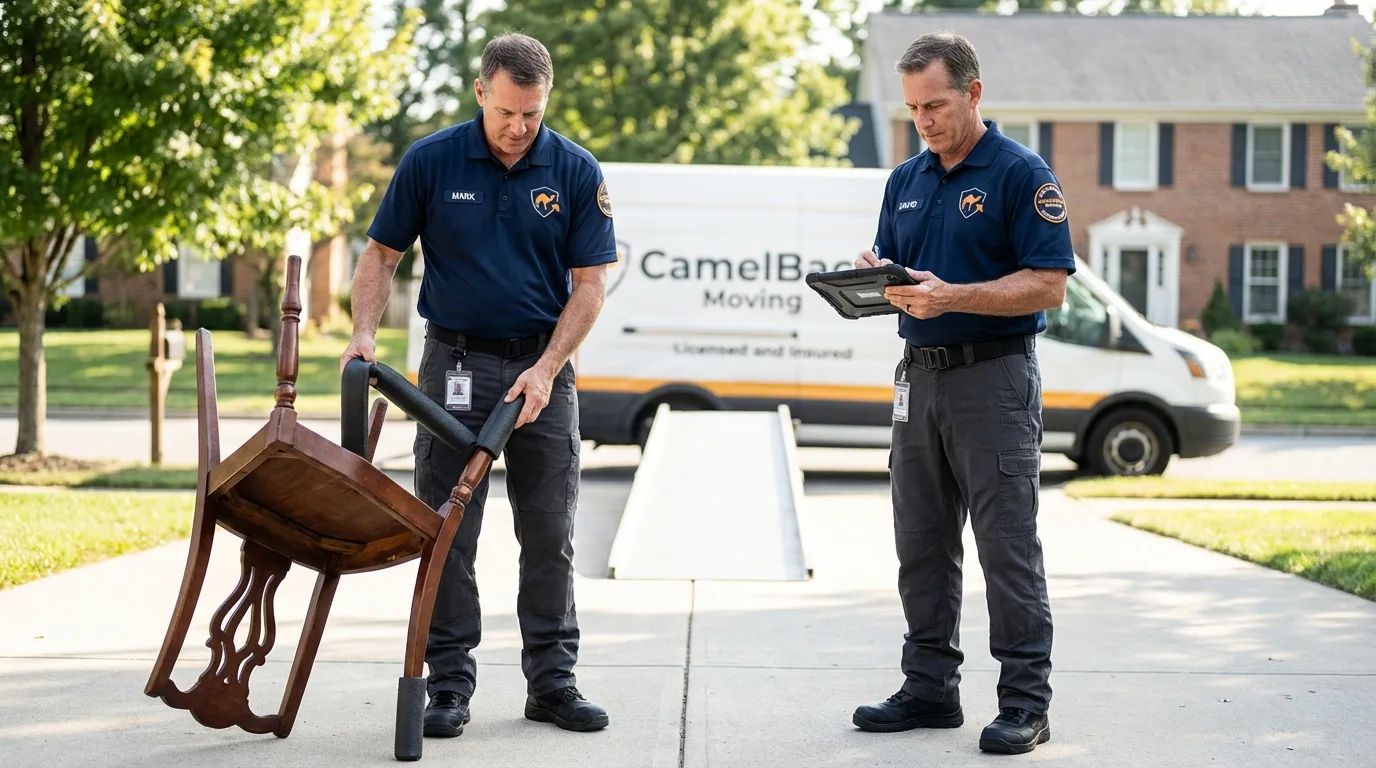 Movers inspecting furniture for damage prevention before loading in Seffner, FL