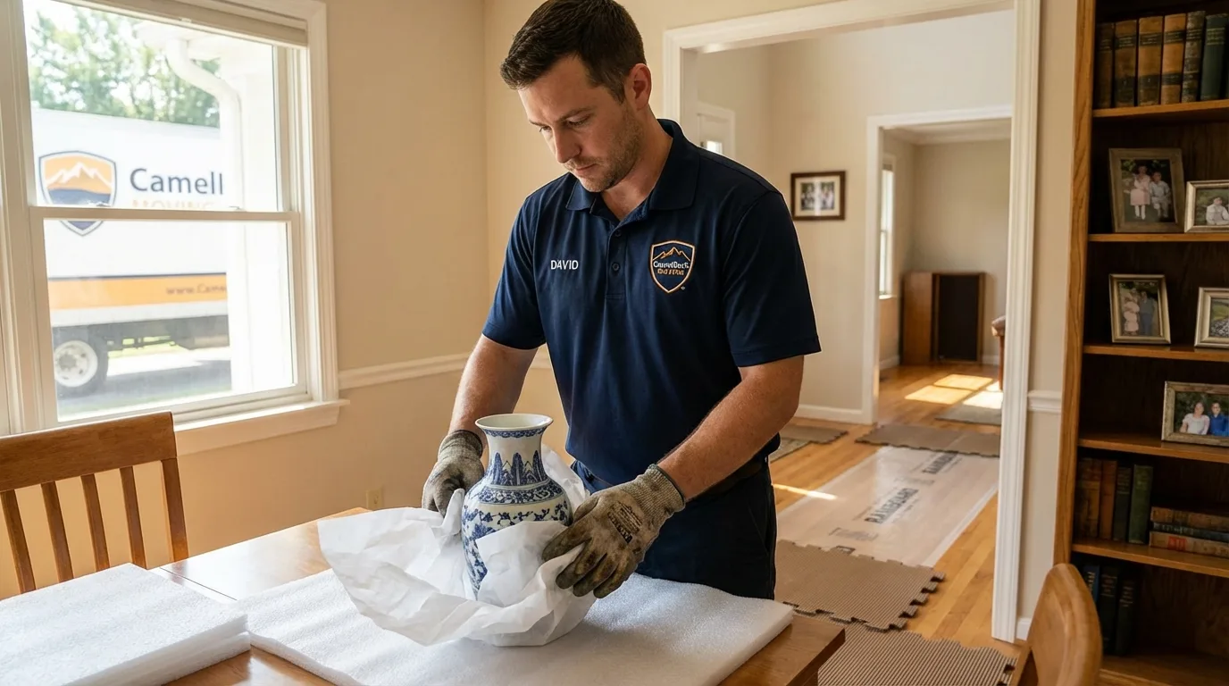 Professional crew carefully wrapping antique vase for senior downsizing move in Seffner, FL